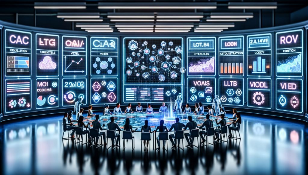 Moderner Marketing-Kontrollraum mit großen Digital-Dashboards (CAC, LTV, ROAS, Conversion Rates); diverse Fachleute arbeiten an einem leuchtenden Tisch mit holografischen Funnels, Datenflüssen und KI-Modelldiagrammen; Anzeigen für LLM-Content-Engine, Attributions-Cloud und Vektor-Datenbanken in kühlem Neonlicht.