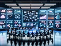 Moderner Marketing-Kontrollraum mit großen Digital-Dashboards (CAC, LTV, ROAS, Conversion Rates); diverse Fachleute arbeiten an einem leuchtenden Tisch mit holografischen Funnels, Datenflüssen und KI-Modelldiagrammen; Anzeigen für LLM-Content-Engine, Attributions-Cloud und Vektor-Datenbanken in kühlem Neonlicht.