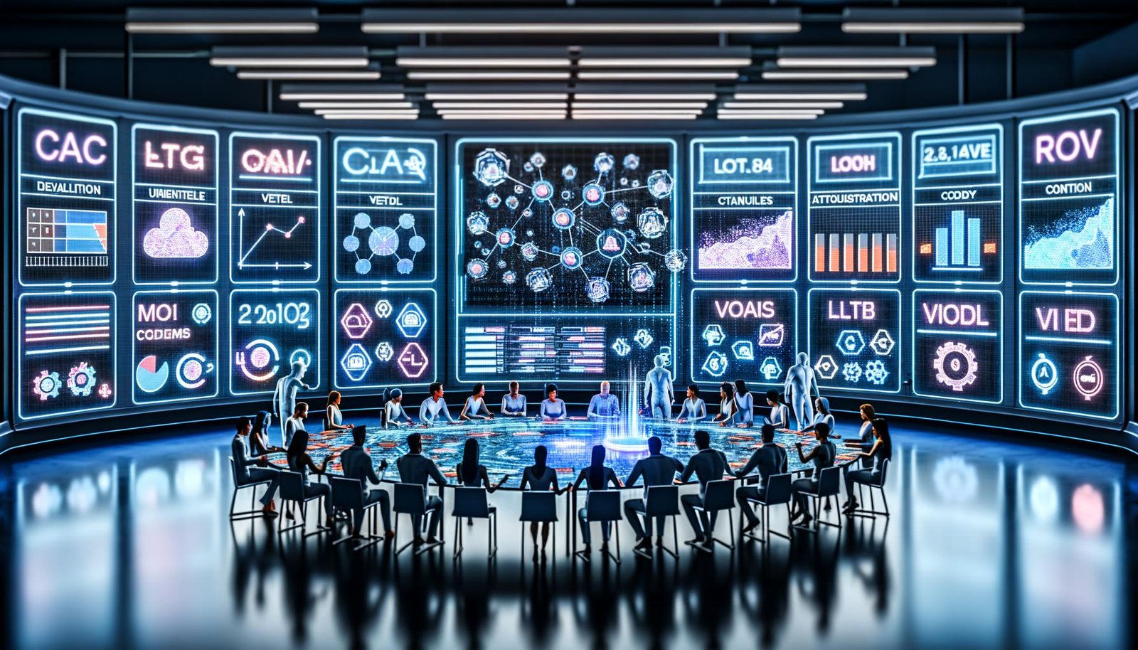Moderner Marketing-Kontrollraum mit großen Digital-Dashboards (CAC, LTV, ROAS, Conversion Rates); diverse Fachleute arbeiten an einem leuchtenden Tisch mit holografischen Funnels, Datenflüssen und KI-Modelldiagrammen; Anzeigen für LLM-Content-Engine, Attributions-Cloud und Vektor-Datenbanken in kühlem Neonlicht.