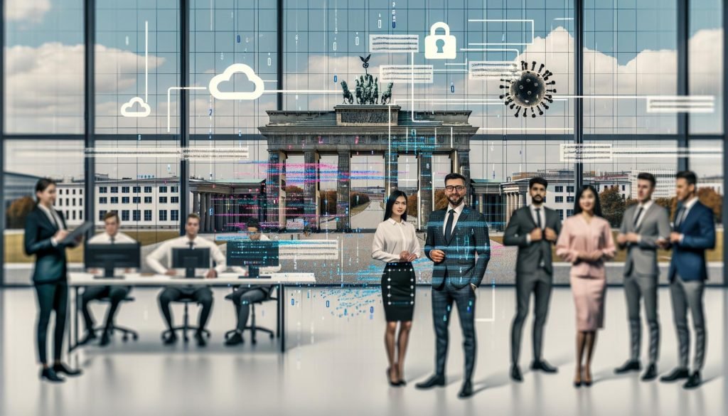 Moderne Illustration: Diverse Fachkräfte in gläsernem Hightech-Büro mit Screens, Code und KI-Datenströmen; hinten Brandenburger Tor, vernetzte Rechenzentren, souveräne Cloud, GPU-Cluster und Industrieroboter; Compliance-Symbole mit Schlössern und Häkchen; Stimmung ambitioniert und pragmatisch.