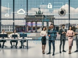 Moderne Illustration: Diverse Fachkräfte in gläsernem Hightech-Büro mit Screens, Code und KI-Datenströmen; hinten Brandenburger Tor, vernetzte Rechenzentren, souveräne Cloud, GPU-Cluster und Industrieroboter; Compliance-Symbole mit Schlössern und Häkchen; Stimmung ambitioniert und pragmatisch.