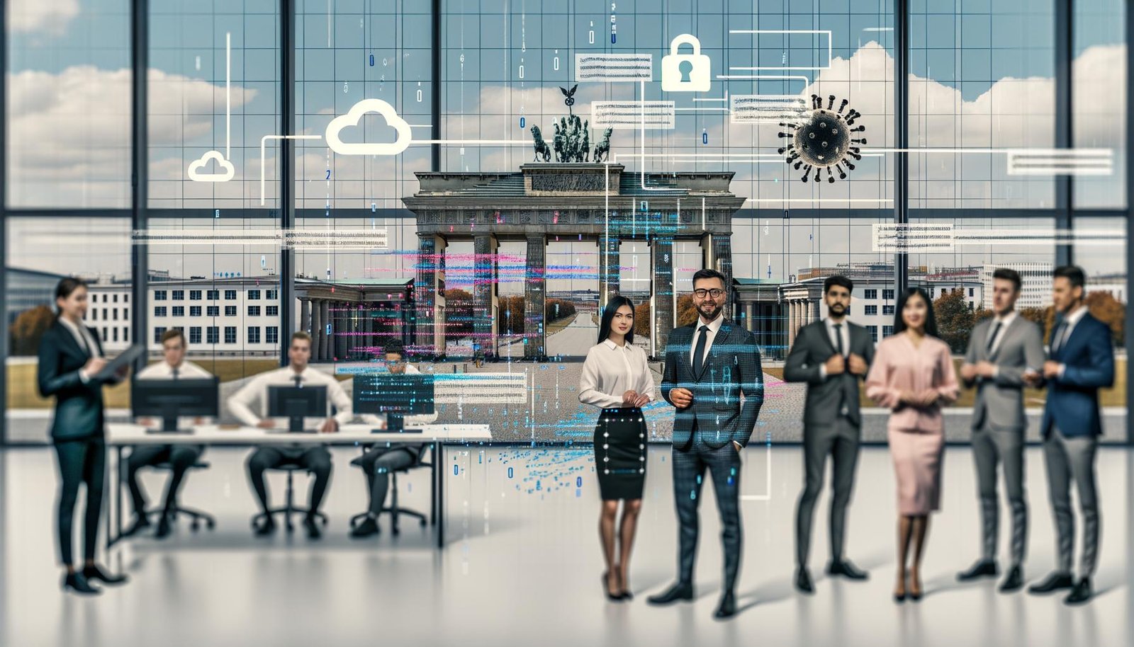 Moderne Illustration: Diverse Fachkräfte in gläsernem Hightech-Büro mit Screens, Code und KI-Datenströmen; hinten Brandenburger Tor, vernetzte Rechenzentren, souveräne Cloud, GPU-Cluster und Industrieroboter; Compliance-Symbole mit Schlössern und Häkchen; Stimmung ambitioniert und pragmatisch.