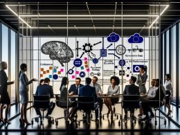 Diverse Fachleute diskutieren vor einem digitalen Display mit Visualisierungen von neuronalen Netzen, Cloud-Infrastruktur und Datenströmen; Glassboard mit Strategie, Pipelines, Governance und DSGVO-Checklisten im Hintergrund.