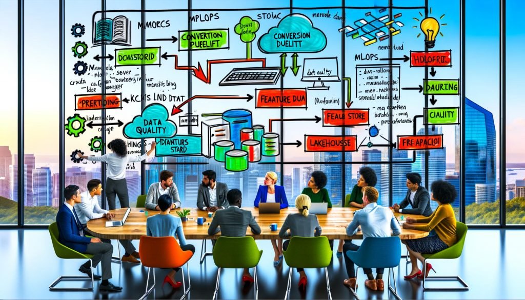 Modernes Büro: diverse Tech-Profis arbeiten gemeinsam; digitales Whiteboard mit Datenpipelines sowie MLOps, Lakehouse und Feature Store; Laptops mit Datenqualitäts-Dashboard und KPI-Chart.