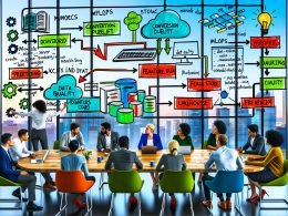 Modernes Büro: diverse Tech-Profis arbeiten gemeinsam; digitales Whiteboard mit Datenpipelines sowie MLOps, Lakehouse und Feature Store; Laptops mit Datenqualitäts-Dashboard und KPI-Chart.