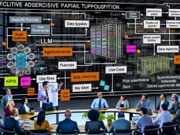 Modernes Büro mit vielfältigem Team vor großer digitaler Anzeige: Karte mit Datenpipelines, KI‑Modellen, KPIs und Risiko‑Heatmaps; Person zeigt auf Tafel „-25% Ticket-Time in 90 Days“; Overlays zu LLM‑Gateways, Feature Store, Vektordatenbank, Echtzeit‑Inferenz und Governance.
