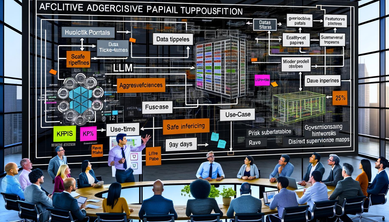 Modernes Büro mit vielfältigem Team vor großer digitaler Anzeige: Karte mit Datenpipelines, KI‑Modellen, KPIs und Risiko‑Heatmaps; Person zeigt auf Tafel „-25% Ticket-Time in 90 Days“; Overlays zu LLM‑Gateways, Feature Store, Vektordatenbank, Echtzeit‑Inferenz und Governance.