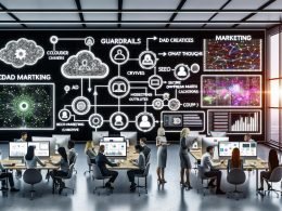 High‑Tech‑Büro mit Teams vor großen Monitoren: Data Pipelines, Neural‑Netz‑Grafen und Marketing‑Dashboards; Architektur mit Airflow, dbt, MLflow, Feast und Pinecone; Guardrails zu DSGVO/ISO27001; Cloud und On‑Prem; P95‑Latenz, 99,9% Uptime, Token‑Budgets.