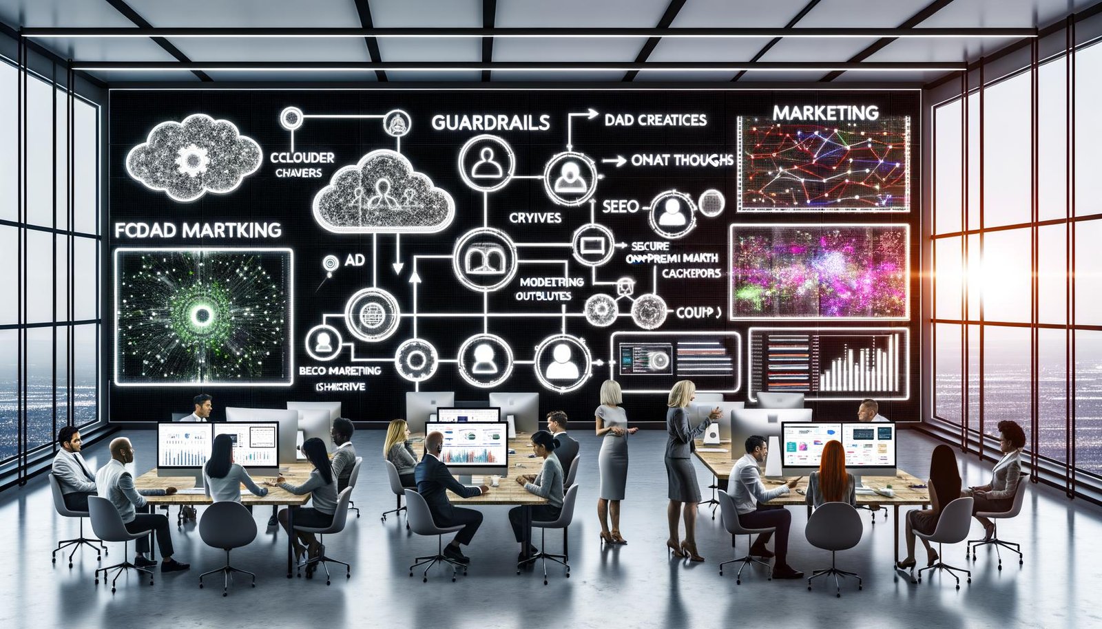 High‑Tech‑Büro mit Teams vor großen Monitoren: Data Pipelines, Neural‑Netz‑Grafen und Marketing‑Dashboards; Architektur mit Airflow, dbt, MLflow, Feast und Pinecone; Guardrails zu DSGVO/ISO27001; Cloud und On‑Prem; P95‑Latenz, 99,9% Uptime, Token‑Budgets.