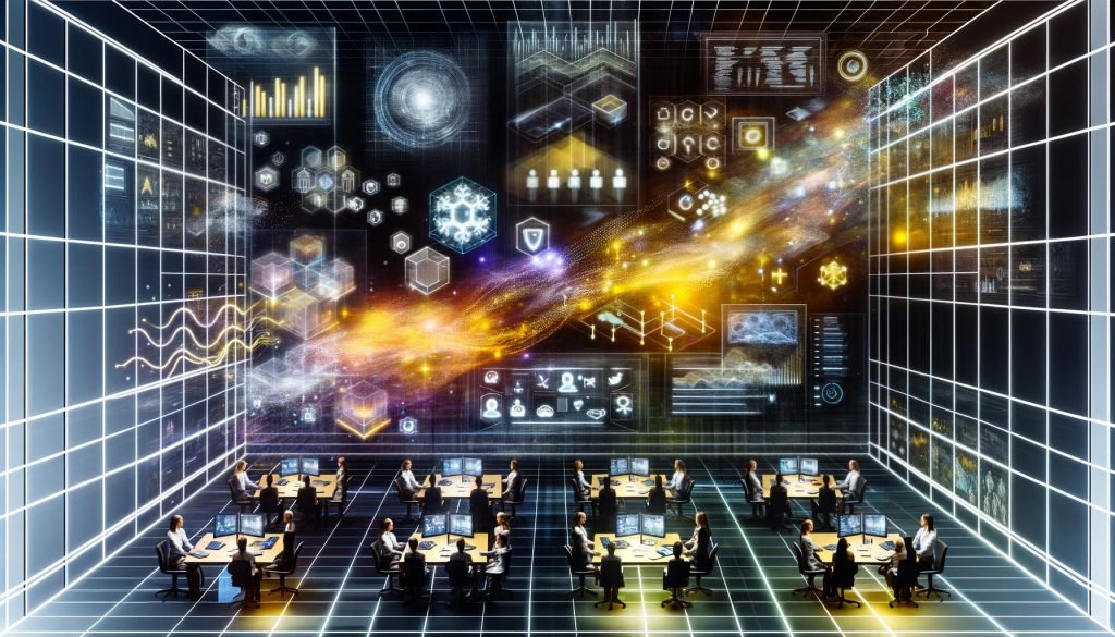 Dynamisches, modernes Büro mit diversen Fachleuten, die vor einem großen digitalen Dashboard mit KPIs und Echtzeit-Analysen zusammenarbeiten; im Hintergrund abstrahierte neuronale Netze und Datenströme sowie Hinweise auf Vektordatenbanken, Compliance-Checklisten und Sicherheits-Icons, die die Integration von KI und Machine Learning in Marketing-Workflows und Governance verdeutlichen.