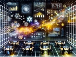 Dynamisches, modernes Büro mit diversen Fachleuten, die vor einem großen digitalen Dashboard mit KPIs und Echtzeit-Analysen zusammenarbeiten; im Hintergrund abstrahierte neuronale Netze und Datenströme sowie Hinweise auf Vektordatenbanken, Compliance-Checklisten und Sicherheits-Icons, die die Integration von KI und Machine Learning in Marketing-Workflows und Governance verdeutlichen.