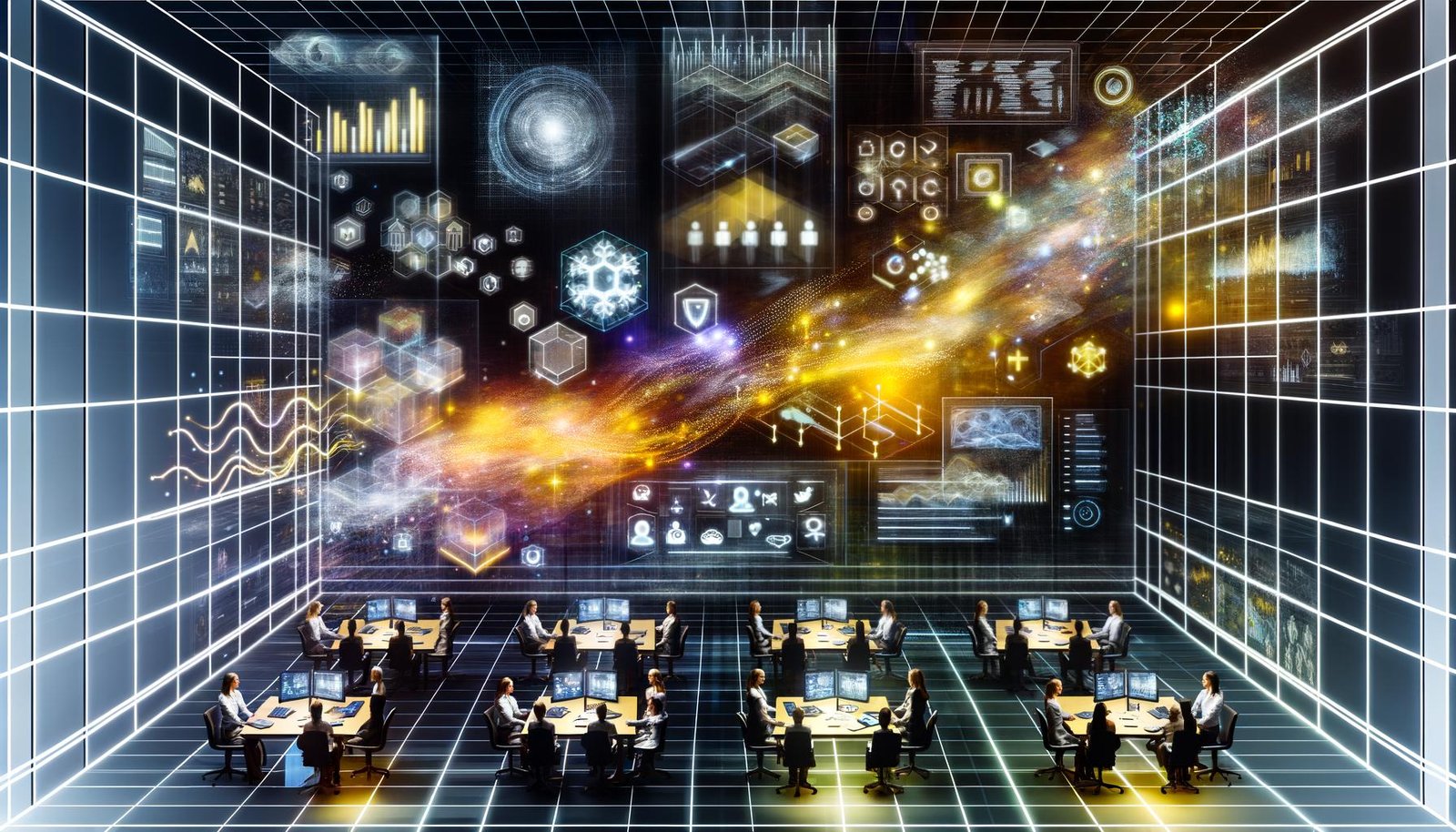 Dynamisches, modernes Büro mit diversen Fachleuten, die vor einem großen digitalen Dashboard mit KPIs und Echtzeit-Analysen zusammenarbeiten; im Hintergrund abstrahierte neuronale Netze und Datenströme sowie Hinweise auf Vektordatenbanken, Compliance-Checklisten und Sicherheits-Icons, die die Integration von KI und Machine Learning in Marketing-Workflows und Governance verdeutlichen.