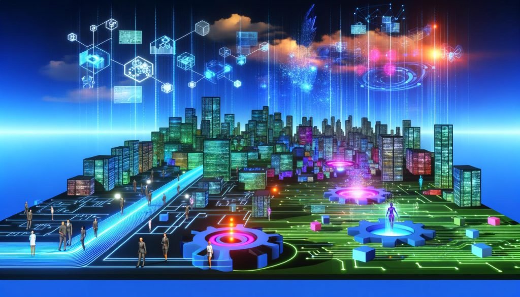 Futuristische Stadt aus Leiterplattenmustern mit Datenströmen, schwebenden Hologrammen und einer Zahnrad-Datenfabrik, die KI aus Rohdaten zu Münzen, Dokumenten und digitalen Produkten formt; Menschen aus Business, Technik und Data Science in neonbeleuchteter Umgebung.