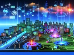 Futuristische Stadt aus Leiterplattenmustern mit Datenströmen, schwebenden Hologrammen und einer Zahnrad-Datenfabrik, die KI aus Rohdaten zu Münzen, Dokumenten und digitalen Produkten formt; Menschen aus Business, Technik und Data Science in neonbeleuchteter Umgebung.