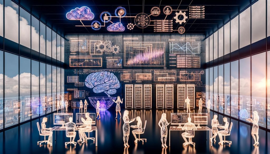 Dynamischer KI‑Arbeitsplatz mit Ingenieur:innen, Roboterarm, GPU‑/Server‑Racks, Feature‑Store‑Dashboard und Live‑Metriken; Cloud‑, Sicherheits‑ und Compliance‑Symbole sichtbar.