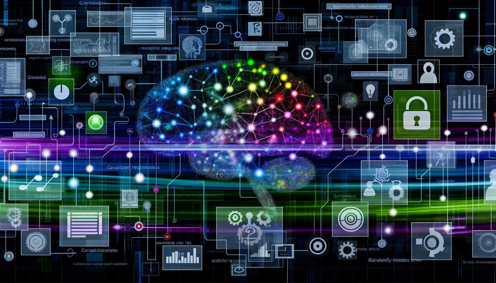 Dynamische, futuristische Collage mit mehrfarbigen Datenströmen, die in ein kristallines neuronales KI‑Netzwerk fließen; schwebende Dashboards mit Charts, Ads, Produktbildern, Code sowie Privacy‑, Edge‑, Governance‑ und Compliance‑Symbolen.
