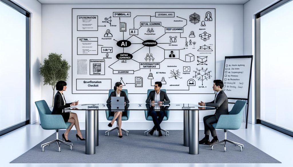 Moderner Besprechungsraum mit Glastisch: diverse Fachleute diskutieren vor Bildschirm zur KI-Evolution—symbolische KI, maschinelles Lernen, Deep Learning, generative KI—mit Symbolen für neuronale Netze, Transformer, Datenpipelines, Vektordatenbanken, Sicherheit und EU AI Act; Whiteboards mit Evaluierung, Governance und MLOps.