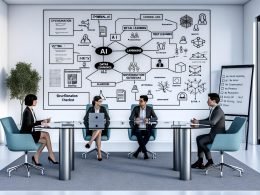 Moderner Besprechungsraum mit Glastisch: diverse Fachleute diskutieren vor Bildschirm zur KI-Evolution—symbolische KI, maschinelles Lernen, Deep Learning, generative KI—mit Symbolen für neuronale Netze, Transformer, Datenpipelines, Vektordatenbanken, Sicherheit und EU AI Act; Whiteboards mit Evaluierung, Governance und MLOps.