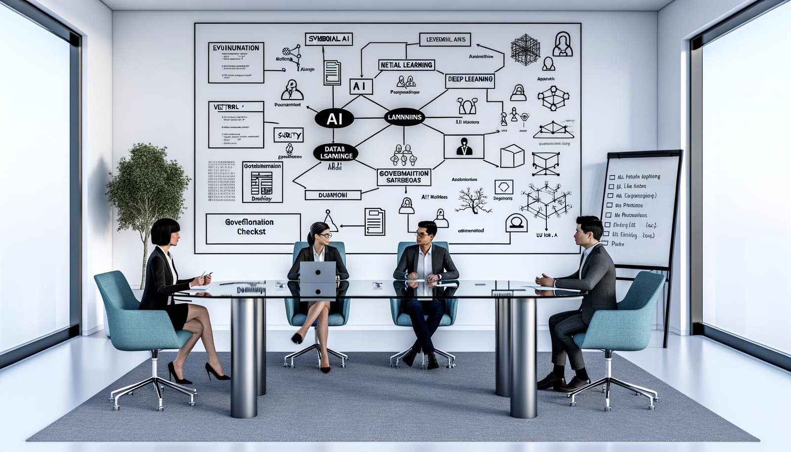 Moderner Besprechungsraum mit Glastisch: diverse Fachleute diskutieren vor Bildschirm zur KI-Evolution—symbolische KI, maschinelles Lernen, Deep Learning, generative KI—mit Symbolen für neuronale Netze, Transformer, Datenpipelines, Vektordatenbanken, Sicherheit und EU AI Act; Whiteboards mit Evaluierung, Governance und MLOps.