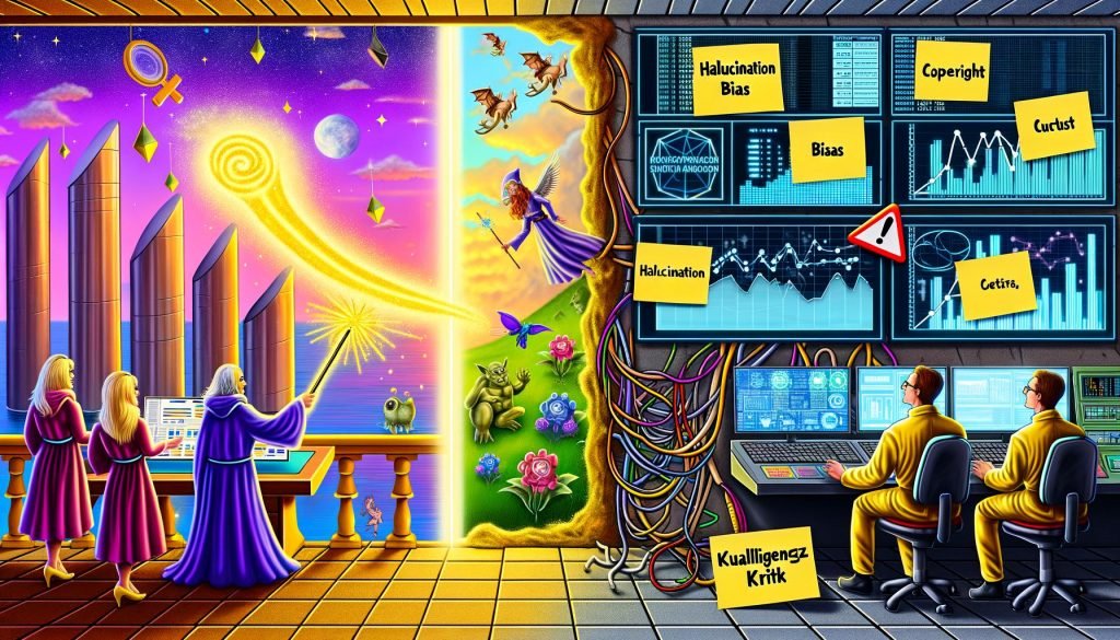Gesplittete Szene: links ein glänzender Marketing‑Boardroom mit Zauberstab‑Icon, schwebenden KPI‑Balken und Einhörnern an Computern; rechts ein realistischer Technik‑Kontrollraum mit roten Warnmeldungen, Kabelsalat und Notizen „Halluzination“, „Bias“, „Kosten“, „Urheberrecht“. Dazwischen ein Warnschild „Künstliche Intelligenz Kritik“; verstreut Schloss‑Icons, Checklisten und Warn‑Dreiecke für Sicherheit und Compliance.