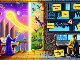 Gesplittete Szene: links ein glänzender Marketing‑Boardroom mit Zauberstab‑Icon, schwebenden KPI‑Balken und Einhörnern an Computern; rechts ein realistischer Technik‑Kontrollraum mit roten Warnmeldungen, Kabelsalat und Notizen „Halluzination“, „Bias“, „Kosten“, „Urheberrecht“. Dazwischen ein Warnschild „Künstliche Intelligenz Kritik“; verstreut Schloss‑Icons, Checklisten und Warn‑Dreiecke für Sicherheit und Compliance.