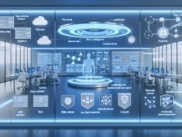 Futuristisches Büro in Blau/Silber mit Glaswänden und holografischen Datenströmen: Pipelines, Feature Stores und neuronale Netze. Teams prüfen Dashboards zu Datenqualität, Compliance und Kosten. Ein transparenter KI‑Agent orchestriert Workflows zwischen Geräten, Cloud und Edge; Sicherheitssymbole und Post‑its zu RAG/MLOps sichtbar.