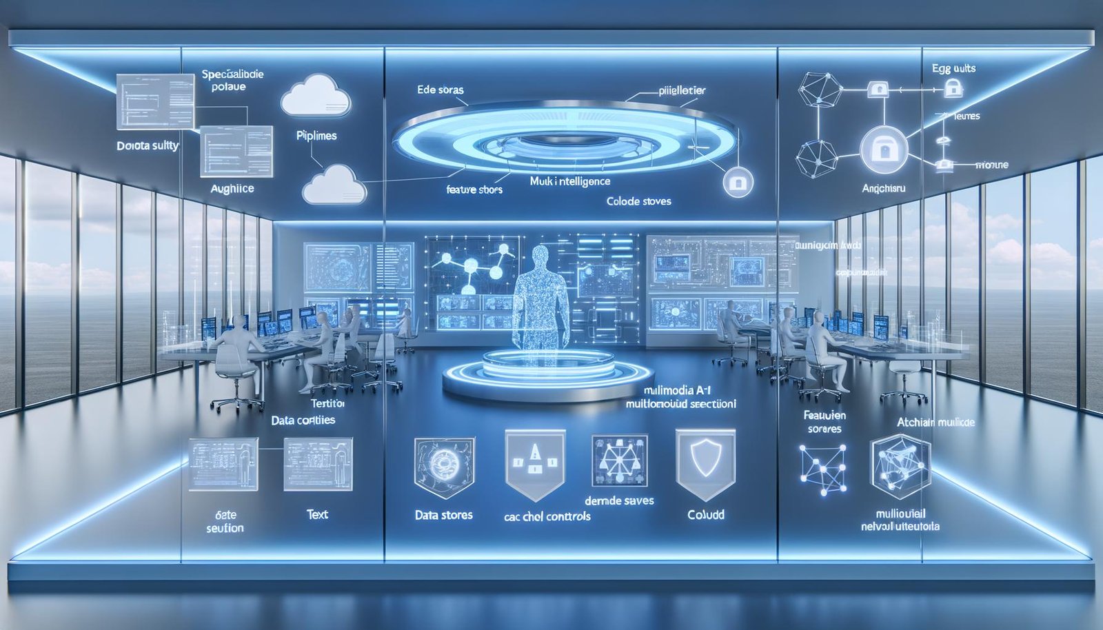 Futuristisches Büro in Blau/Silber mit Glaswänden und holografischen Datenströmen: Pipelines, Feature Stores und neuronale Netze. Teams prüfen Dashboards zu Datenqualität, Compliance und Kosten. Ein transparenter KI‑Agent orchestriert Workflows zwischen Geräten, Cloud und Edge; Sicherheitssymbole und Post‑its zu RAG/MLOps sichtbar.