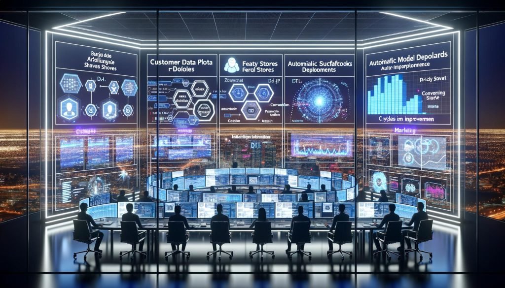 Futuristisches Marketing‑Kontrollzentrum mit Glaswänden und Blick auf eine nächtliche Stadt; diverse Spezialist:innen bedienen leuchtende Dashboards mit Echtzeitdaten, Konversionskurven und Identity Graphs. Großformatige Displays zeigen einen AI‑Stack aus Datenpipelines, CDP‑Knoten, Feature Stores, automatisierten Modell‑Deployments und Streaming‑Events. Symbole für Privacy‑by‑Design, algorithmische Guardrails und Compliance; zentrales „Erste KI“ Logo.