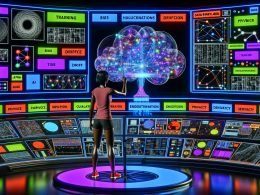 Futuristischer KI-Kontrollraum mit leuchtenden Displays und Hologrammen; ein Ingenieur betrachtet ein transparentes Modell eines neuronalen Netzwerks mit „Training“, „Inference“, „Data Pipeline“ und „Embeddings“; Warnsymbole für „Bias“, „Halluzinationen“, „Drift“ und „Privatsphäre“.