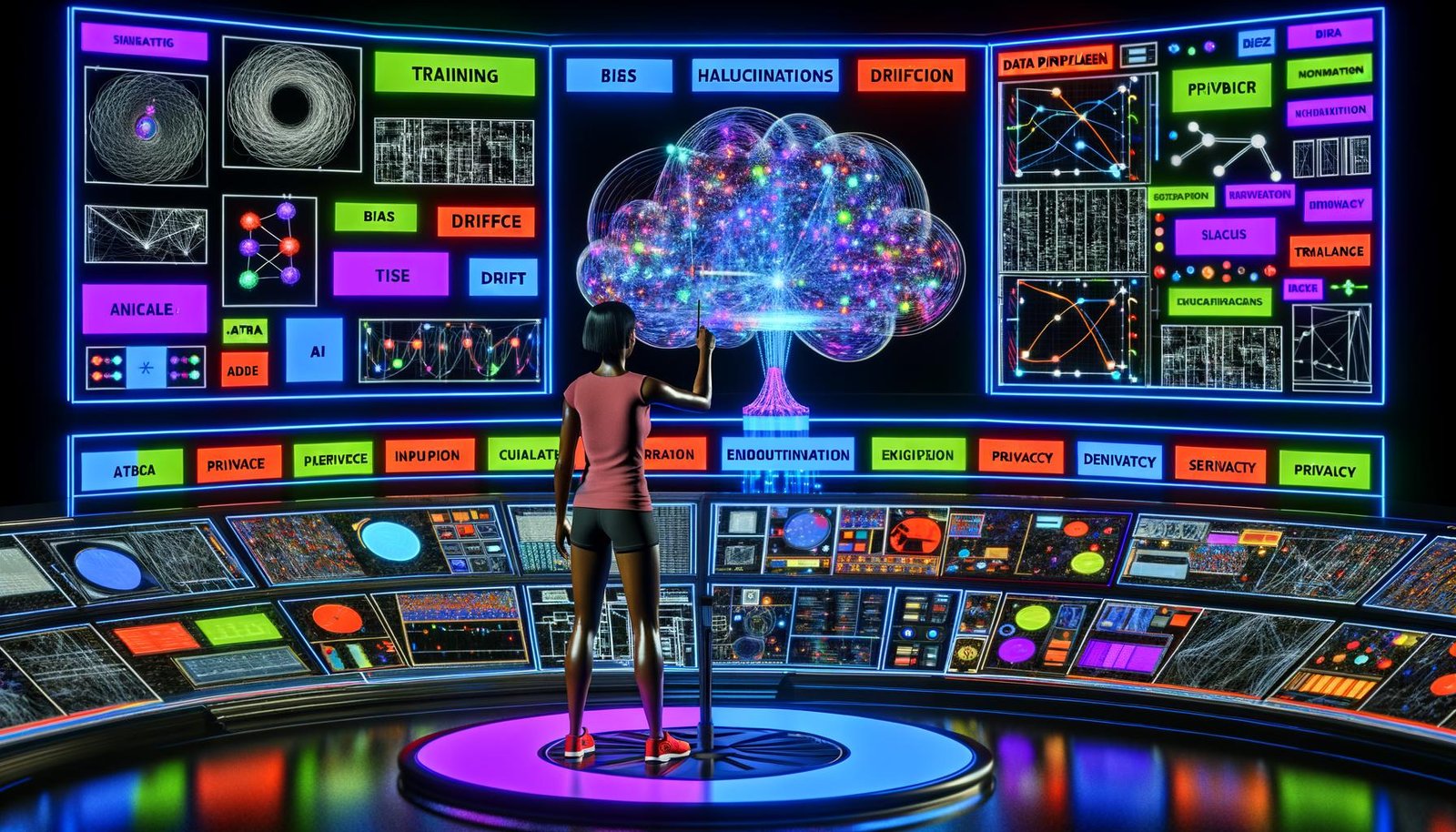 Futuristischer KI-Kontrollraum mit leuchtenden Displays und Hologrammen; ein Ingenieur betrachtet ein transparentes Modell eines neuronalen Netzwerks mit „Training“, „Inference“, „Data Pipeline“ und „Embeddings“; Warnsymbole für „Bias“, „Halluzinationen“, „Drift“ und „Privatsphäre“.