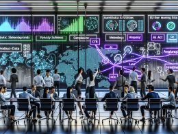 Modernes Workspace: diverses Team aus Data Scientists, Marketing und Produktmanager:innen vor transparenten Dashboards mit KPIs, neuronalen Netzen, RAG, Embeddings und Agenten; EU AI Act-Compliance, synthetische Daten, Privacy-Shields und Federated-Learning-Knoten im Hintergrund.