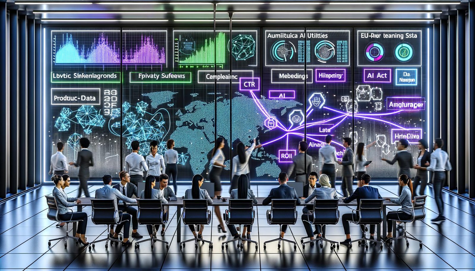 Modernes Workspace: diverses Team aus Data Scientists, Marketing und Produktmanager:innen vor transparenten Dashboards mit KPIs, neuronalen Netzen, RAG, Embeddings und Agenten; EU AI Act-Compliance, synthetische Daten, Privacy-Shields und Federated-Learning-Knoten im Hintergrund.