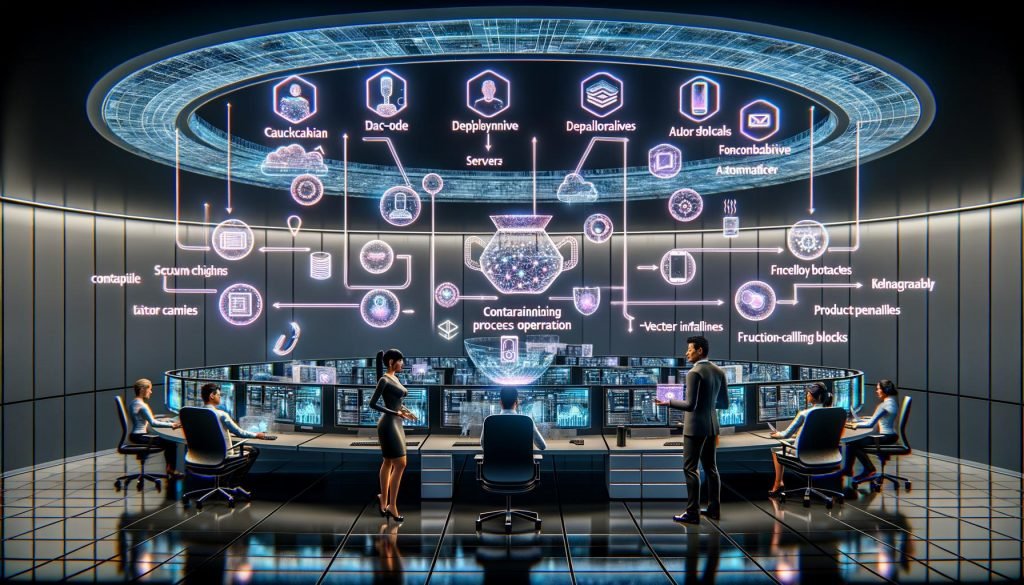 Futuristisches Büro 2025 mit diversen Tech‑Profis an holografischen Dashboards; generative Modalitäten fließen in prädiktive, agentische Prozesse; Edge‑Inference auf Smartphone und Wearable; Compliance‑, Security‑ und Monitoring‑Layer; MLOps mit Pipelines, Servern, Vektor‑Datenbanken und Function‑Calling.