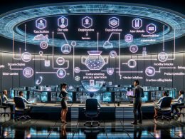 Futuristisches Büro 2025 mit diversen Tech‑Profis an holografischen Dashboards; generative Modalitäten fließen in prädiktive, agentische Prozesse; Edge‑Inference auf Smartphone und Wearable; Compliance‑, Security‑ und Monitoring‑Layer; MLOps mit Pipelines, Servern, Vektor‑Datenbanken und Function‑Calling.