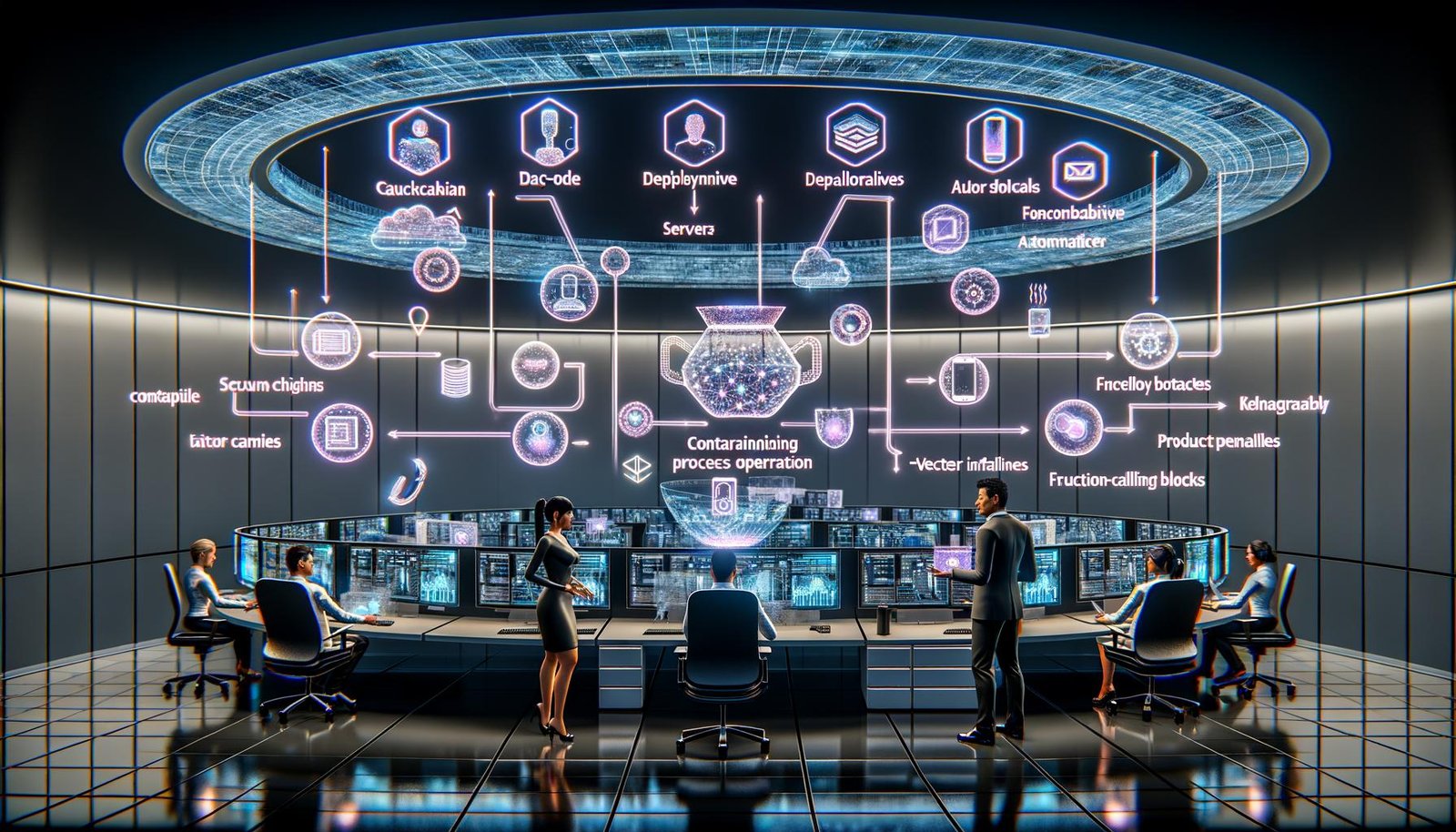 Futuristisches Büro 2025 mit diversen Tech‑Profis an holografischen Dashboards; generative Modalitäten fließen in prädiktive, agentische Prozesse; Edge‑Inference auf Smartphone und Wearable; Compliance‑, Security‑ und Monitoring‑Layer; MLOps mit Pipelines, Servern, Vektor‑Datenbanken und Function‑Calling.