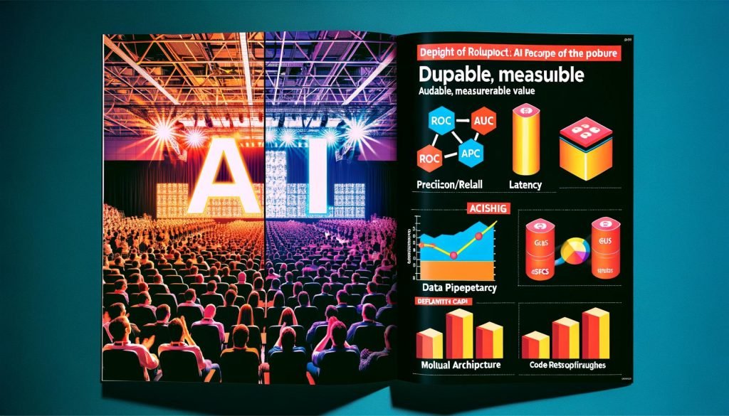 Editorial-Illustration in zwei Hälften: links eine Konferenzbühne zum Thema KI mit Scheinwerfern, übergroßem „AI“ und applaudierendem Publikum; rechts ein Kontrollraum, in dem Ingenieur:innen Metrik-Dashboards (ROC-AUC, Precision/Recall), Latenz- und Uptime-Charts, Datenpipelines und modulare Architektur überwachen; im Vordergrund GPUs, Datenbank- und Code-Symbole.