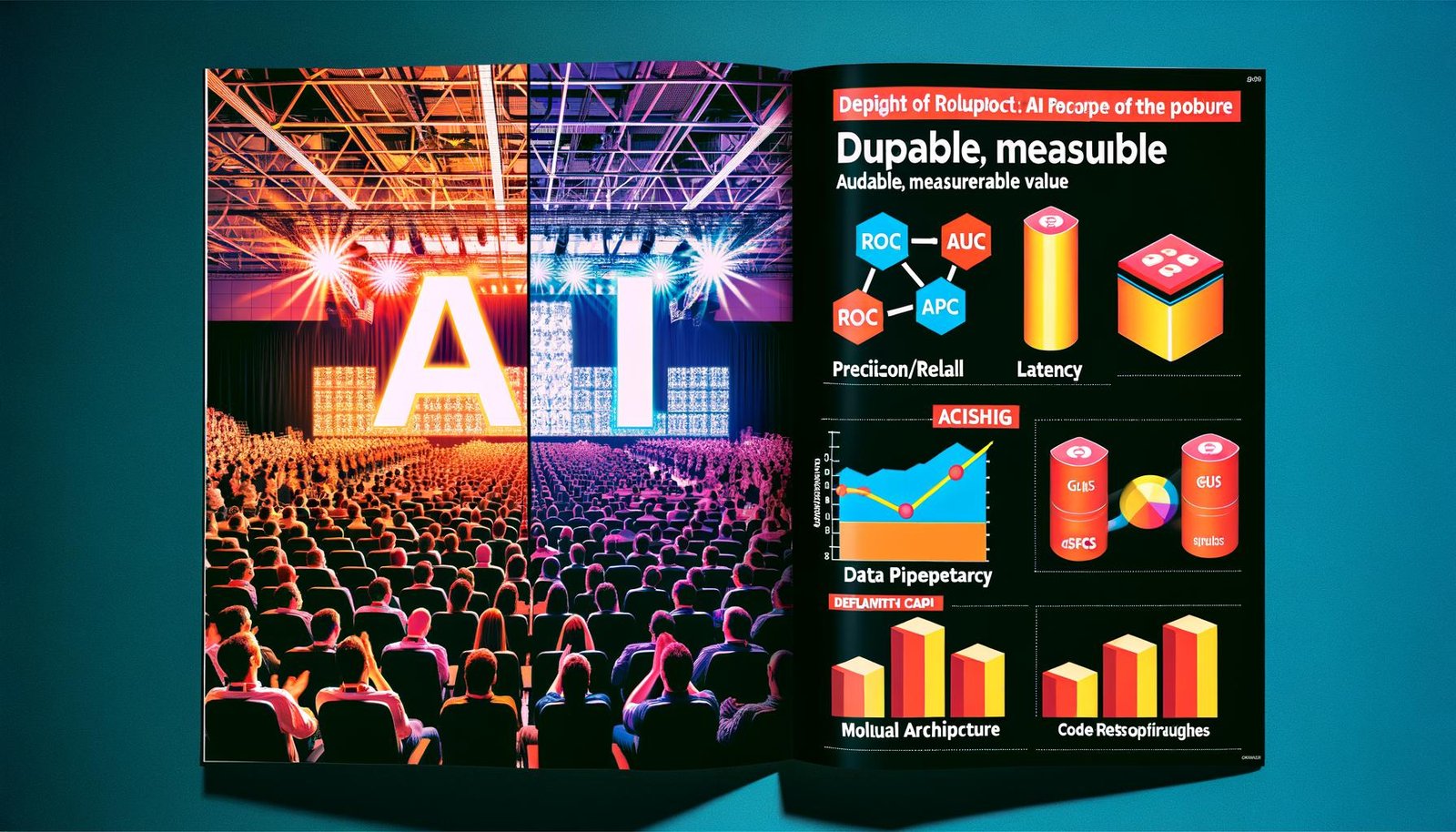 Editorial-Illustration in zwei Hälften: links eine Konferenzbühne zum Thema KI mit Scheinwerfern, übergroßem „AI“ und applaudierendem Publikum; rechts ein Kontrollraum, in dem Ingenieur:innen Metrik-Dashboards (ROC-AUC, Precision/Recall), Latenz- und Uptime-Charts, Datenpipelines und modulare Architektur überwachen; im Vordergrund GPUs, Datenbank- und Code-Symbole.