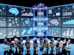 Modernes Büro mit großen Dashboards; Team arbeitet an transparentem Tisch mit holografischen KI-Netzen, LLM-Content und Marketing-Automationspfaden; vernetzte, sichere Dateninfrastruktur.