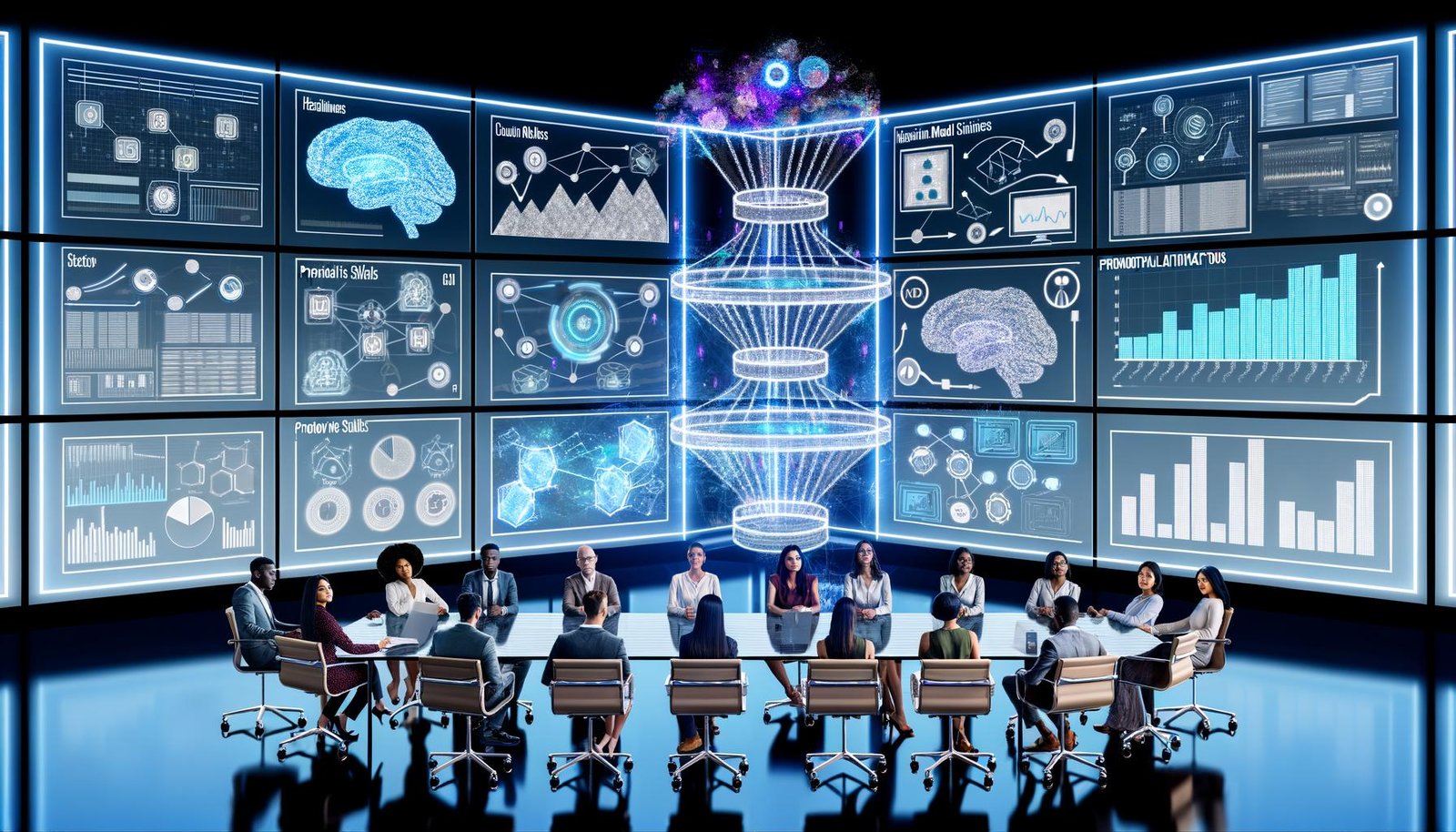 Modernes Büro mit großen Dashboards; Team arbeitet an transparentem Tisch mit holografischen KI-Netzen, LLM-Content und Marketing-Automationspfaden; vernetzte, sichere Dateninfrastruktur.