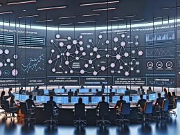 Modernes digitales Marketing-Command-Center mit großer Datenwand: Datenflüsse, KI-Diagramme zu LLMs und Vektordatenbanken, CRM-Touchpoints, Content-Scores, Attributionspfade und automatisierte Alert-Logs; diverse Fachleute arbeiten fokussiert; digitale Notizzettel zu Sicherheit, Compliance und Governance; „404 Magazine“ auf Monitoren.