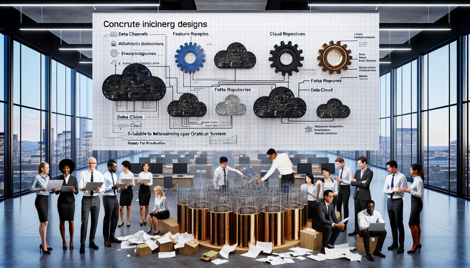 Modernes Büro: diverses Team vor Bildschirmen mit Datenpipelines und Dashboards; Governance-Symbole, Roboterarm und leuchtende „Production Ready“-Checkliste.