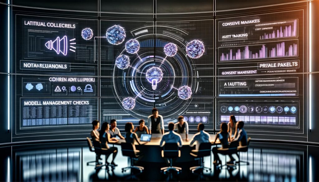 Futuristischer Kontrollraum mit leuchtenden Datenströmen, digitalen Dashboards und holografischen Grafiken; ein diverses Team aus Marketing und Engineering arbeitet vor einem großen Screen mit Feedback‑Loop zwischen Datenerfassung, KI‑/Generative‑AI‑Modellen und Echtzeitergebnissen; Overlays zu Consent‑Management, Server‑Side‑Tracking, Auditing und Erklärbarkeit sowie Warnhinweise zu Model Drift und Privatsphäre‑Risiken; Schlagworte RAG, Bandits, MLOps sichtbar.