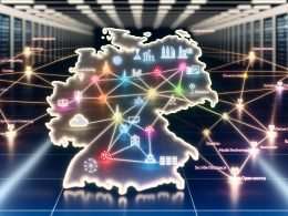 Stilisierte Deutschlandkarte als digitale Landschaft mit leuchtenden Knoten vernetzter Forschungseinrichtungen (DFKI, Max-Planck, Fraunhofer, TUM, LMU, Tübingen), verbunden durch Datenpipelines, HPC-Cluster und souveräne Cloud; Symbole für MLOps, Open Source, Benchmarks und sichere Datenräume (Dataspaces).