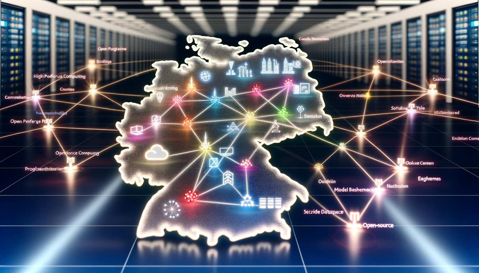 Stilisierte Deutschlandkarte als digitale Landschaft mit leuchtenden Knoten vernetzter Forschungseinrichtungen (DFKI, Max-Planck, Fraunhofer, TUM, LMU, Tübingen), verbunden durch Datenpipelines, HPC-Cluster und souveräne Cloud; Symbole für MLOps, Open Source, Benchmarks und sichere Datenräume (Dataspaces).