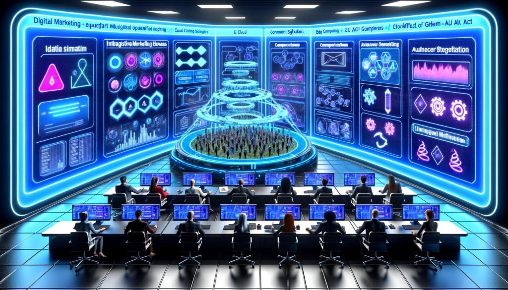 Futuristischer Marketing-Kontrollraum mit Marketern vor holografischen Dashboards, Compliance-Icons (DSGVO, EU‑KI‑Gesetz) und leuchtendem neuronalen Netzwerk; Edge‑Geräte, Cloud‑Server und GPUs integriert.