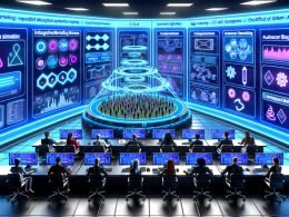 Futuristischer Marketing-Kontrollraum mit Marketern vor holografischen Dashboards, Compliance-Icons (DSGVO, EU‑KI‑Gesetz) und leuchtendem neuronalen Netzwerk; Edge‑Geräte, Cloud‑Server und GPUs integriert.