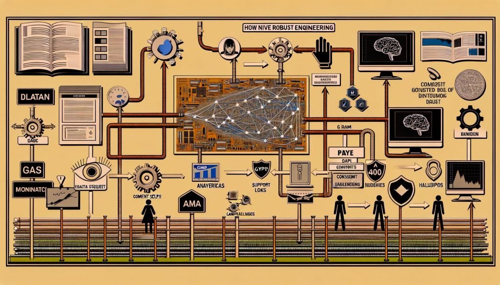 Editoriale Collage auf hellem Hintergrund: technische KI-Datenpipeline mit Dashboard und Datenströmen; abstrakte neuronale Netze und Token; angebundene Quellen wie CRM, CMS, Support-Logs und Analytics; Hände setzen Guardrails an Datenpfade; DSGVO- und Consent-Symbole; Monitoring- und KPI-Icons; Marketingmotive; Warnhinweise zu Bias und Halluzinationen; dezentes 10‑Schritte‑Playbook.