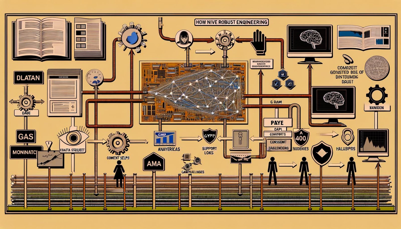 Editoriale Collage auf hellem Hintergrund: technische KI-Datenpipeline mit Dashboard und Datenströmen; abstrakte neuronale Netze und Token; angebundene Quellen wie CRM, CMS, Support-Logs und Analytics; Hände setzen Guardrails an Datenpfade; DSGVO- und Consent-Symbole; Monitoring- und KPI-Icons; Marketingmotive; Warnhinweise zu Bias und Halluzinationen; dezentes 10‑Schritte‑Playbook.