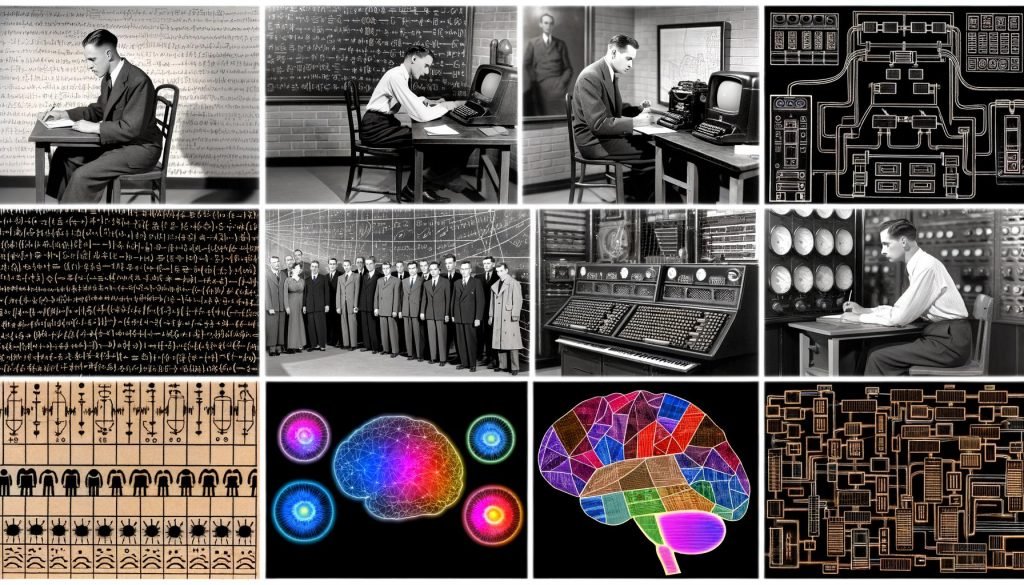 Collage zur Geschichte der Künstlichen Intelligenz: links 1940/50er mit Alan Turing, Logiktafel, SNARC‑Vakuumröhren und Neuronenschemata; Mitte: Logic Theorist, Samuels Checkers, Lochstreifen, CRT, überlagert von ELIZA‑Dialog und SHRDLU‑Blockwelt; rechts: moderne GPUs, neuronales Gitter, leuchtende Vektoren, Transformer‑ und GPT‑Icons, Flow‑Diagramme, multimodale Verknüpfungen (Text‑Bild‑Audio) und Datenwolken; dynamisch, leicht chaotisch; Hintergrundtext „Repräsentation, Inferenz, Lernen, Zielsetzung“.