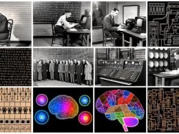 Collage zur Geschichte der Künstlichen Intelligenz: links 1940/50er mit Alan Turing, Logiktafel, SNARC‑Vakuumröhren und Neuronenschemata; Mitte: Logic Theorist, Samuels Checkers, Lochstreifen, CRT, überlagert von ELIZA‑Dialog und SHRDLU‑Blockwelt; rechts: moderne GPUs, neuronales Gitter, leuchtende Vektoren, Transformer‑ und GPT‑Icons, Flow‑Diagramme, multimodale Verknüpfungen (Text‑Bild‑Audio) und Datenwolken; dynamisch, leicht chaotisch; Hintergrundtext „Repräsentation, Inferenz, Lernen, Zielsetzung“.